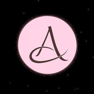 Stylized letter A logo in dark brown on pink circular background with black border
