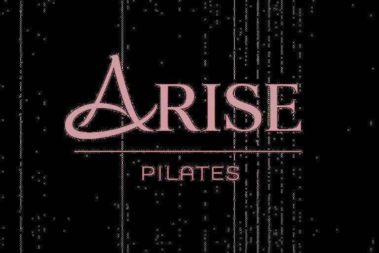 Arise Pilates logo with pink text and decorative lines on black background with scattered x marks